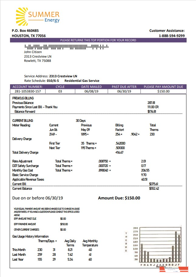 USA Texas Summer Energy easy fillable utility bill template in Word and PDF format
